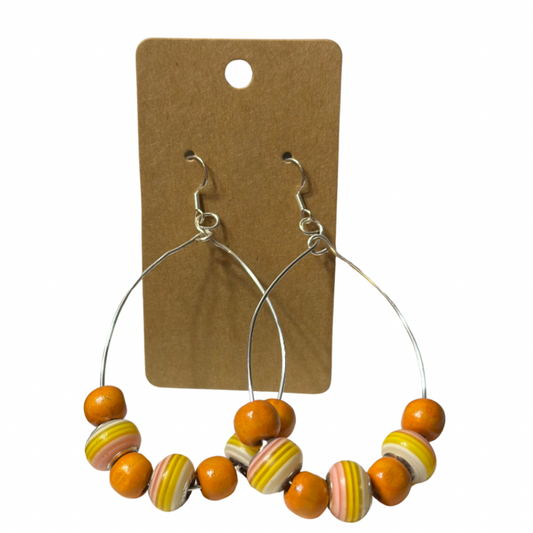 Orange and Striped Beaded Hoop Earrings