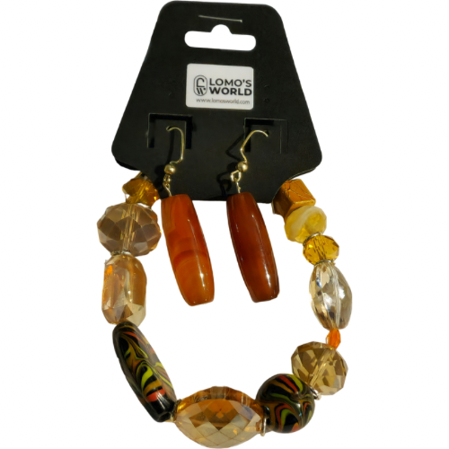 Orange & Gold Beaded Bracelet and Earrings Set