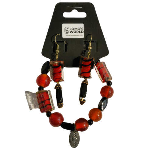 Red & Black Beaded Bracelet and Earrings Set