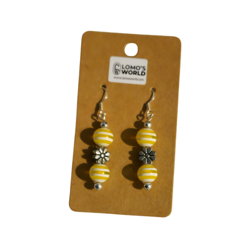 Yellow Striped and Silver Floral Bead Earrings