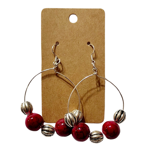 Hoop Earrings with Red and Silver Accents w Silver Earwires, Pierced