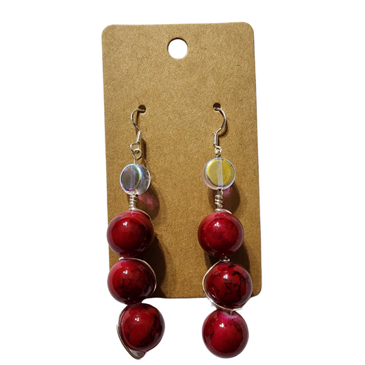 Elegant Red Marble Dangle Earrings, Pierced