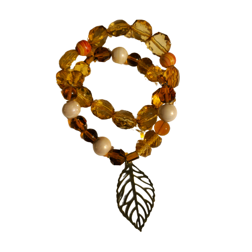 Golden Amber Leaf Charm Bracelet Stack