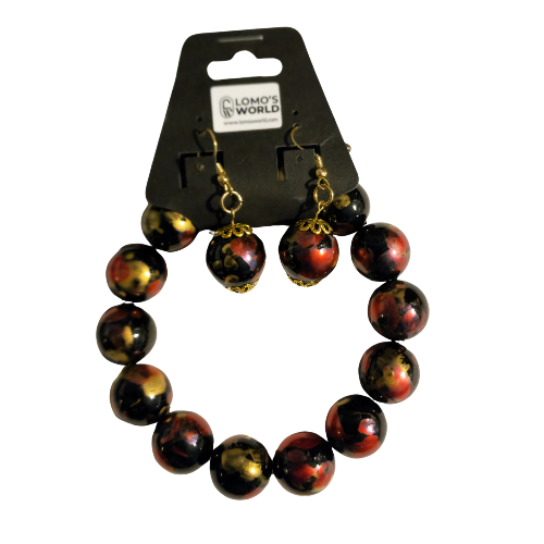 Black, Red & Gold Beaded Bracelet and Earrings Set