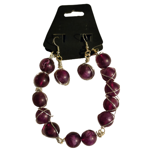 Purple Marble Beaded Bracelet and Earrings Set