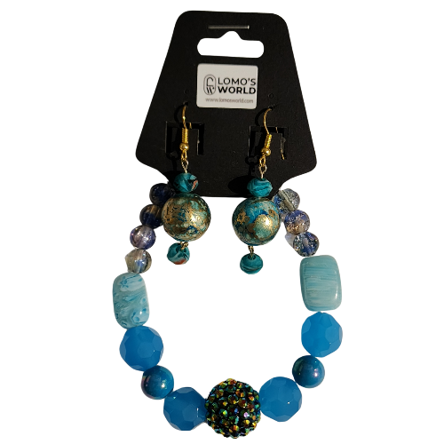 Blue & Gold Sparkle Beaded Bracelet and Earrings