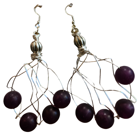 Purple Bead Wire-Wrapped Statement Earrings